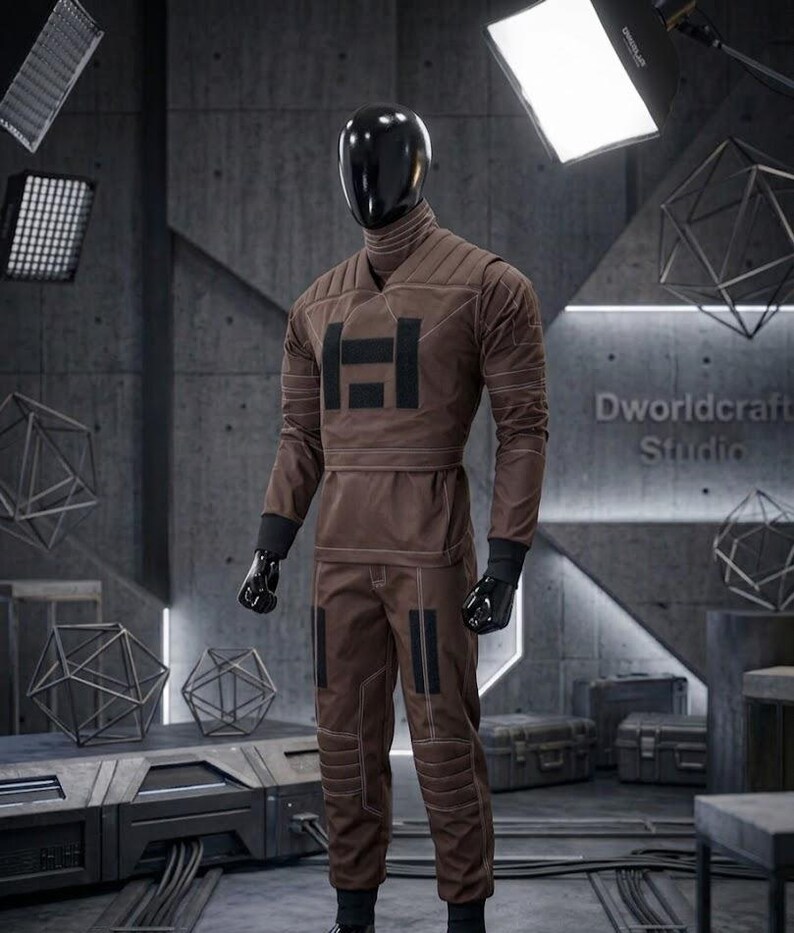 May include: A brown jumpsuit with black detailing and the letter "H" on the chest, presented on a mannequin. The outfit has a high collar, quilted sections, and black gloves. The background features geometric shapes and studio lighting.