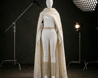Padmé Amidala Geonosis Cosplay: Star Wars White Arena Jumpsuit, Cape, and Belt Set