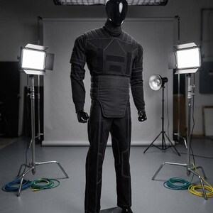 May include: A black, futuristic-looking suit on a mannequin, with a glossy black helmet and gloves. The suit has geometric paneling and white stitching. The mannequin is standing on a metal plate in a studio setting with lighting equipment.