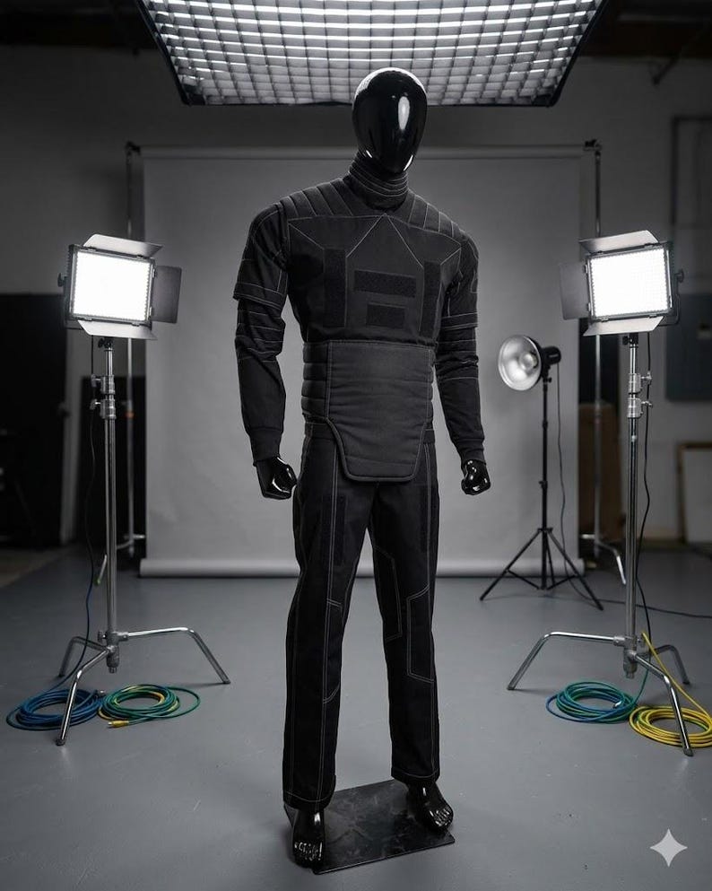 May include: A black, futuristic-looking suit on a mannequin, with a glossy black helmet and gloves. The suit has geometric paneling and white stitching. The mannequin is standing on a metal plate in a studio setting with lighting equipment.