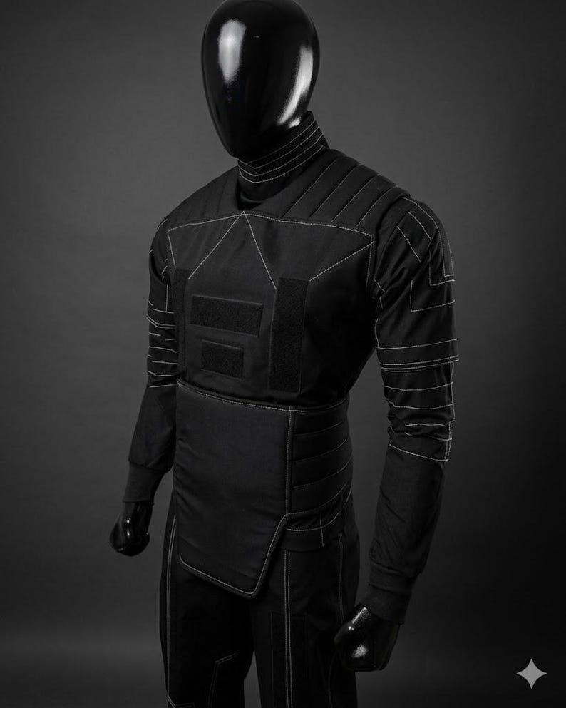 May include: Black tactical suit with white stitching details. The suit features a high collar, padded shoulders, and multiple panels with hook-and-loop closures. The long-sleeved garment is worn by a mannequin with a black, reflective head.