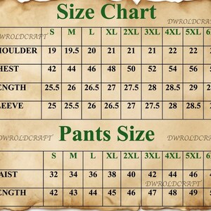 May include: Clothing size chart with measurements for shoulder, chest, length, and sleeve. Also includes pants size measurements for waist and length. Sizes range from S to 6XL.