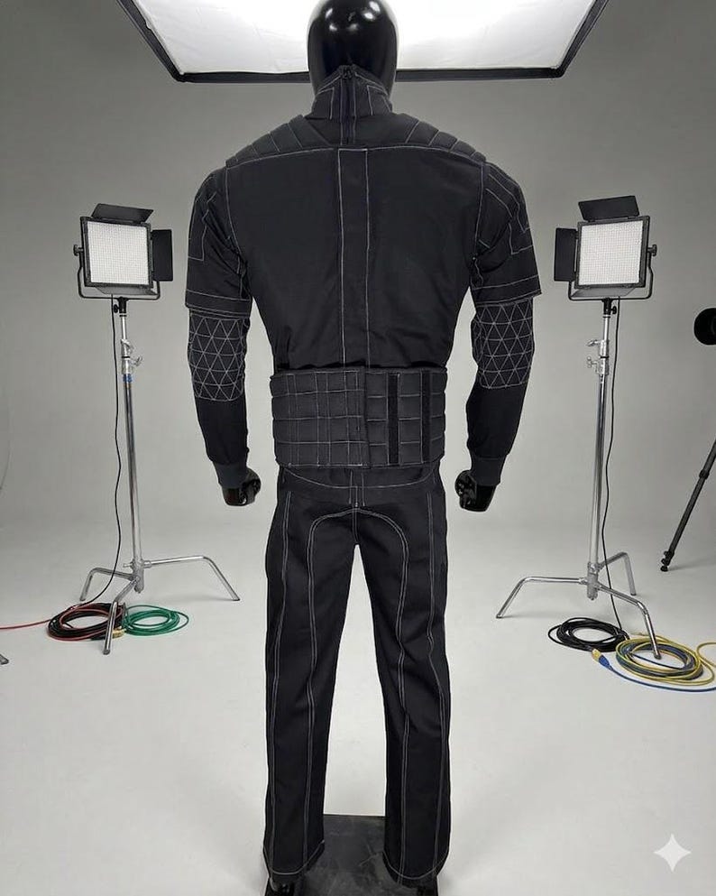 May include: Black jumpsuit with white stitching, featuring a high collar and a segmented belt. The suit has geometric patterns on the shoulders and is worn with gloves and a head covering. The image is taken in a studio setting with lighting equipment.