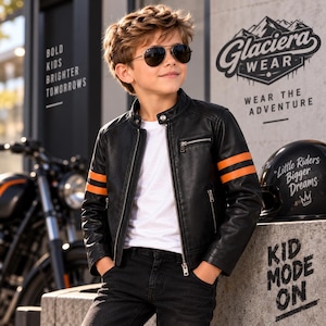 Puede incluir: Una chaqueta de piel sintética negra con cuello mao, cremalleras de metal plateado y dos rayas horizontales naranjas en cada manga. La chaqueta se lleva sobre una camiseta blanca lisa y se combina con vaqueros negros y gafas de aviador.