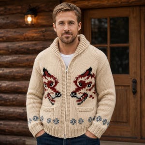 Ryan Gosling Fox Cardigan Sweater | Handknit Wool Zip Cardigan | Vintage Chunky Knit Jacket