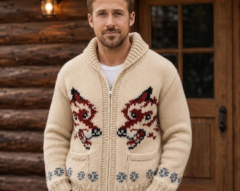 Rayon Gosling Fox Strickjacke | Handgestrickte Woll-Zip-Strickjacke | Vintage Grobstrick Jacke