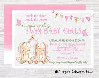 Baby Shower Invitations/ Baby Shower Invite for Boy/ for Girl/ Twin Baby Shower Invitations/ Bunny Baby Shower/ Baby Sprinkle Invitation