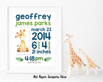 Watercolor Giraffe Birth Announcement Print
