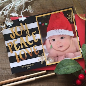 5 x 7 Custom Digital or Print Peace Love and Joy Christmas Card/ Photo Christmas Greeting Card/ Gold Foil/ FREE SHIPPING