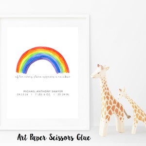 May include: A framed print with a watercolor rainbow illustration. The text "after every storm appears a rainbow" is above the name, birthdate, weight (7 lbs 6 oz), and height (20 1/4 in). Two giraffe figurines are to the right.
