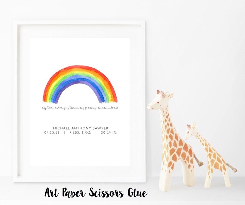 May include: A framed print with a watercolor rainbow illustration. The text "after every storm appears a rainbow" is above the name, birthdate, weight (7 lbs 6 oz), and height (20 1/4 in). Two giraffe figurines are to the right.