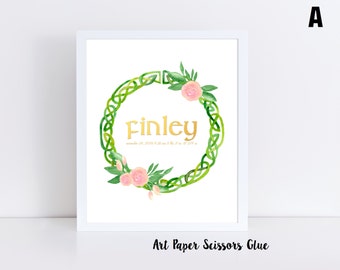 Custom Digital Watercolor Irish Celtic Knot Birth Announcement Wall Print/ Wall Stat/ Digital or Print/ FREE SHIPPING/ Four Leaf Clovers