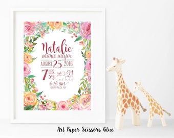 DIY Digital Watercolor Floral Frame Birth Announcement Print