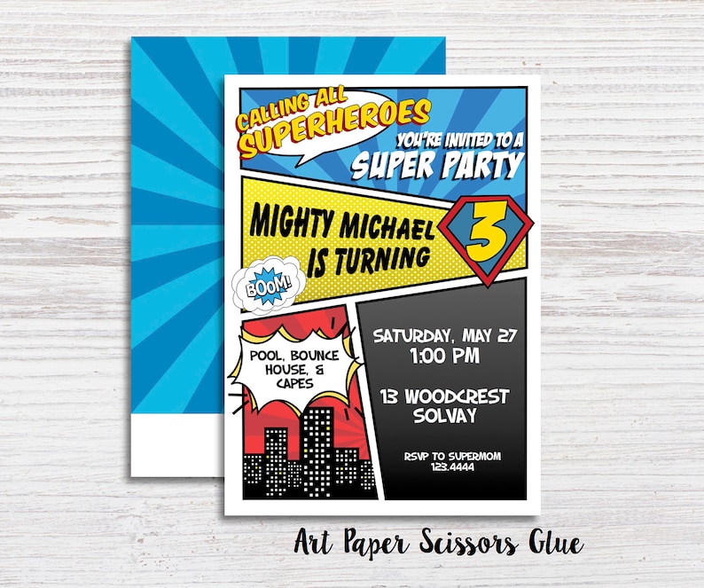 May include: Superhero-themed birthday party invitation with a comic book style. The invitation features the text "Calling All Superheroes" and "Mighty Michael is Turning 3". Includes party details and RSVP information.