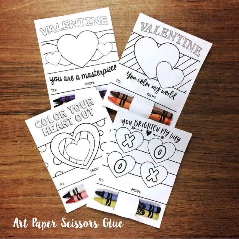 DIY Printable Valentines for Kids/ Color in Valentines/ Crayon Valentine's Day Card/ Instant Download/ Valentine Coloring Pages/ Colouring 