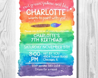 May include: A colorful invitation for Charlotte's 7th birthday art party. The design features a watercolor rainbow background with text that reads "CHARLOTTE wants to paint with you!" and event details. Includes a paintbrush illustration.