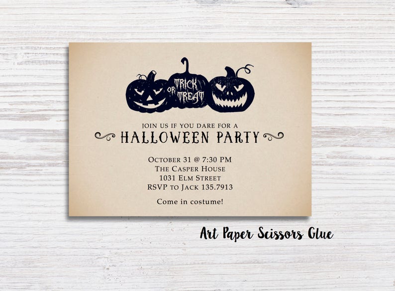 May include: Halloween party invitation featuring three carved pumpkins and the words "Trick or Treat." The invitation includes party details: date, time, location, and RSVP information. The text "Come in costume!" is also included.