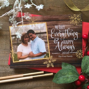 5 x 7 Digital or Print Christmas Greeting/ Photo Christmas Greeting Card/ Merry Christmas & Happy Everything/ Gold Glitter Snowflakes