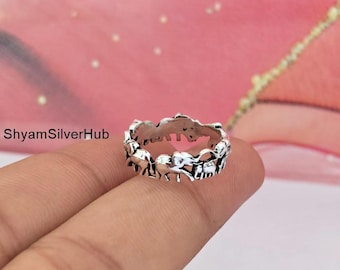 925 Sterling Silver Elephant Ring, Handmade Animal Eternity Band Lucky Elephant Family Ring for Women Boho Jewelry Gift Oxidized Silver Ring