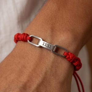 Personalized Red String Bracelet, Custom Engraved Interlocking Link Bracelet, Stainless Steel Friendship Gift