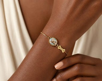 Pulsera personalizada con foto de perro, pulsera personalizada con foto de mascota y dije de hueso con nombre grabado, regalo para mamás perrunas