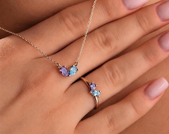 2 Birthstone Necklace and Ring Set, Custom Pear Stone Heart, Gold or Silver