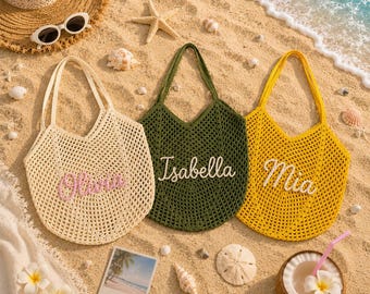 Personalisierte häkeln Strand Tragetasche, Name Strandtasche, Brautjungfer Geschenk Tote, große Sommer Reisetasche, Brautdusche Gunst