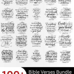 May include: A digital collection of over 100 Bible verses presented in black calligraphy on a white background. The text includes various scriptures such as Glory to God, Psalm 136:1, Romans 8:31, and Galatians 5:22. The bundle is labeled Bible Verses Bundle.