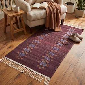 Kilim de lana tejido a mano 2x4, alfombra anatolia estrella burdeos, alfombra pequeña turca estilo boho.