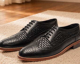 Men’s Knitted Oxford Handmade Leather , Black Brogue Formal Dress Shoes