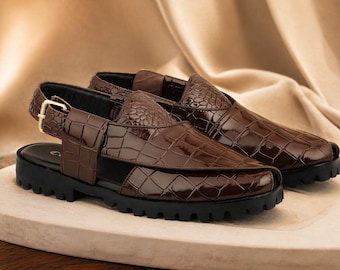 Sandalias Peshawari marrones para hombre, parte superior de cuero de vaca, suela de goma.