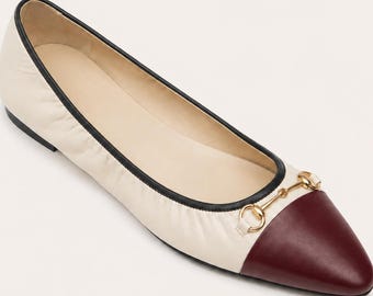 Genuine Leather Ballet Flats, Cream Black Gold Horsebit, Handmade Quiet Luxury Old Money Shoes