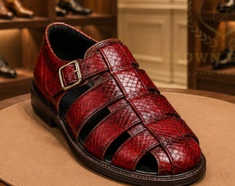 Genuine Cow Leather Python-Embossed Handmade Fisherman Sandals | Antique Red Closed-Toe Roman Shoes for Men