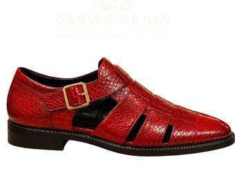 Handmade Genuine Leather Cherry Red Python Embossed Fisherman Sandals, Mens Gold Buckle Summer Shoes
