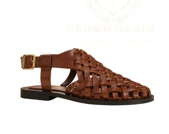 Unisex geweven leren sandalen, handgemaakte zomerschoenen van rundleer in vissersstijl.