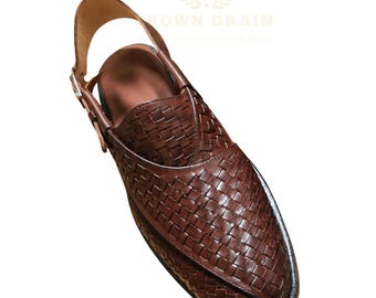 Handgemaakte leren sandalen voor heren | Slingback met mandvlechtpatroon | Bruinzwart | Cadeau voor hem