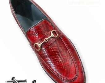 Men's Handmade Python Embossed Leather Loafers | Burgundy Slip-On Dress Shoes