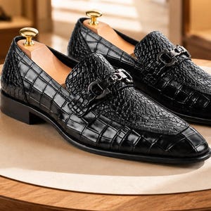 Handmade Black Crocodile Embossed Leather Loafers, Men’s Formal Slip leather footwear image 1