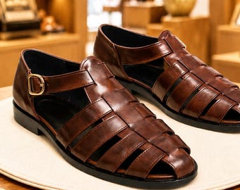 Handgemaakte bruinleren visserssandalen heren | Geweven zomerschoenen | Griekse stijl | Cadeau voor hem