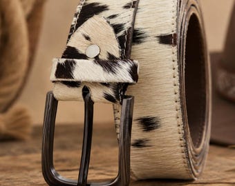 Handgemaakte hair-On rundleren riem, natuurlijk zwart-witte westerncowboy, uniseks accessoire
