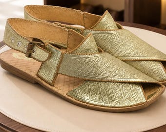 Men’s Handmade Gold Leather Sandals, Open Toe Slingback Shoes, Peshawari  Footwear
