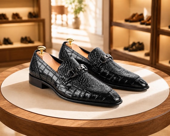 Handmade Black Crocodile Embossed Leather Loafers, Men’s Formal Slip leather footwear