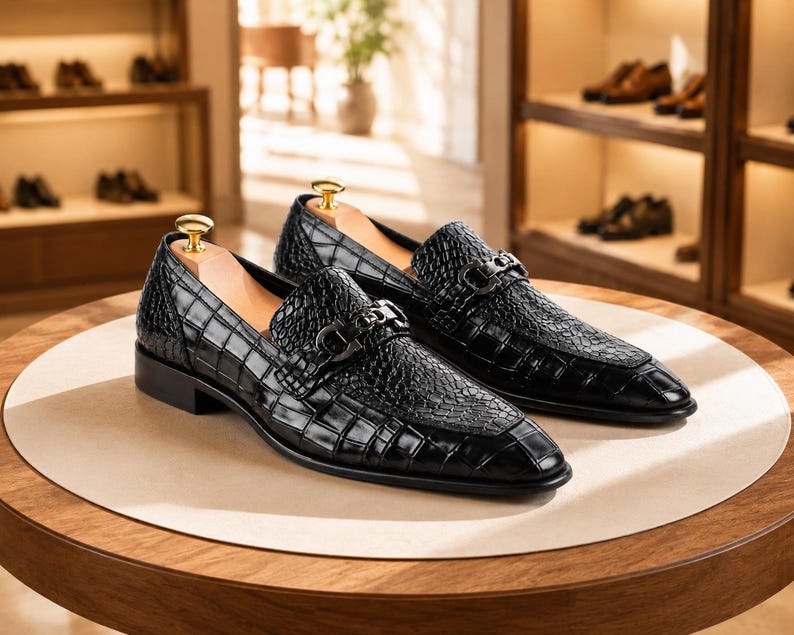 Handmade Black Crocodile Embossed Leather Loafers, Men’s Formal Slip leather footwear image 1