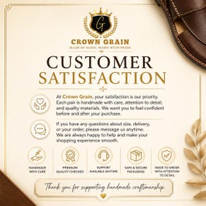 May include: A customer satisfaction information card for Crown Grain featuring a dark brown leather shoe in the corner. The text details handmade quality, support availability, and order care. Gold icons and text are set against a cream background.