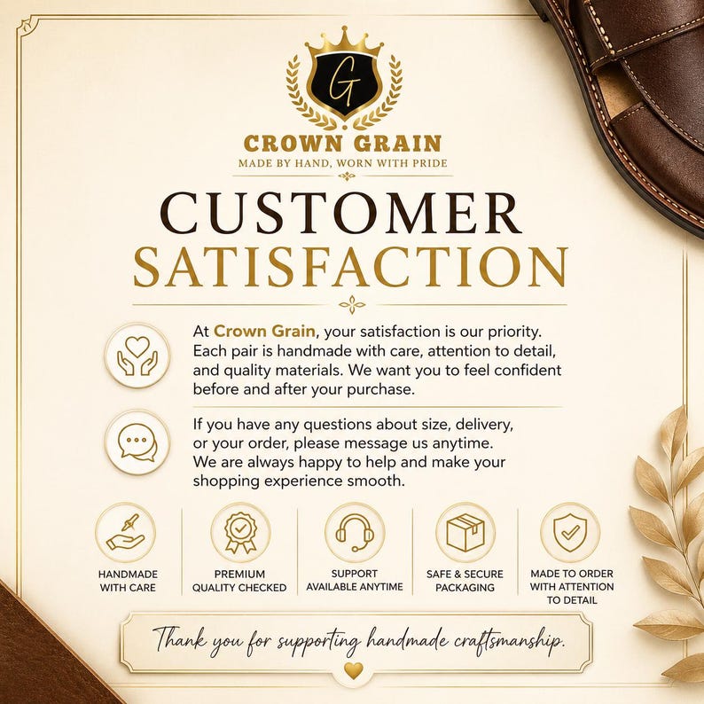 May include: A customer satisfaction information card for Crown Grain featuring a dark brown leather shoe in the corner. The text details handmade quality, support availability, and order care. Gold icons and text are set against a cream background.