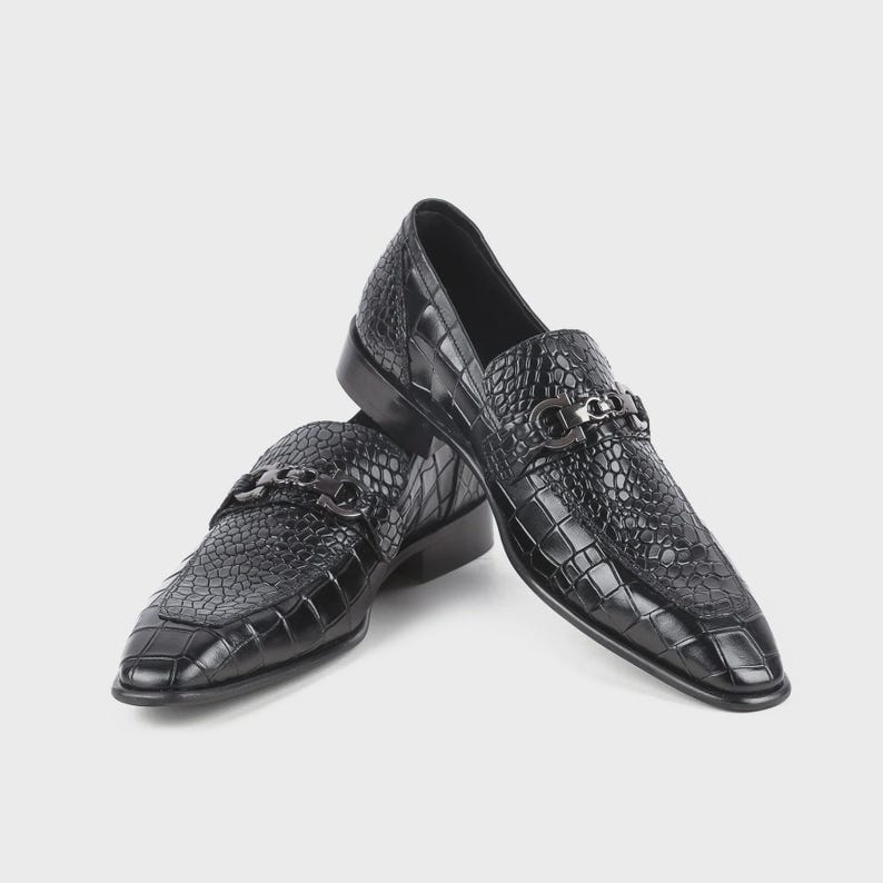 Handmade Black Crocodile Embossed Leather Loafers, Men’s Formal Slip leather footwear image 7