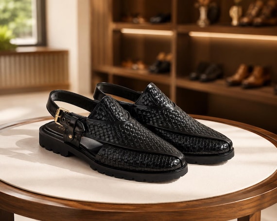 Handmade Brown/ Black Leather Peshawari Chappal, Men’s Woven Kheri Sandals, Ethnic Wedding Footwear