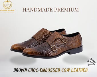 Brown Croc Embossed Cow Leather Double Monk Strap Formal Shoes for Men