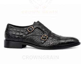 Genuine Croc Embossed Leather Double Monk Strap Shoes, Handmade Black Brown Loafers, Wedding Gift