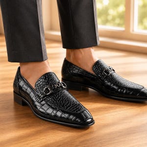 Handmade Black Crocodile Embossed Leather Loafers, Men’s Formal Slip leather footwear image 6
